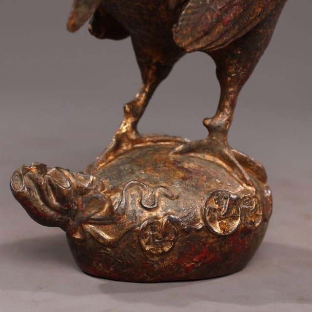 Metal Late 20th Century Gilt Bronze Figure of a Rooster on a Lucky Bag Base For Sale - Image 7 of 9