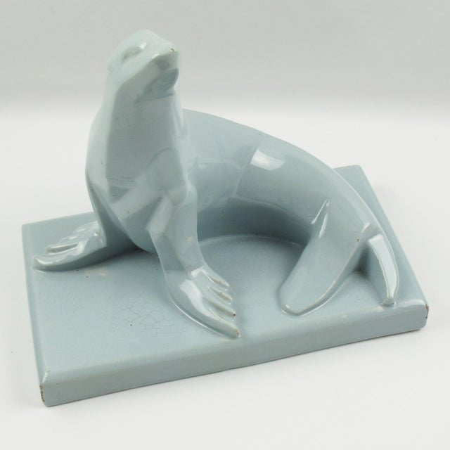 Saint Clement France Art Deco Cubist Blue Crackle Ceramic Seal Sculpture For Sale - Image 9 of 10