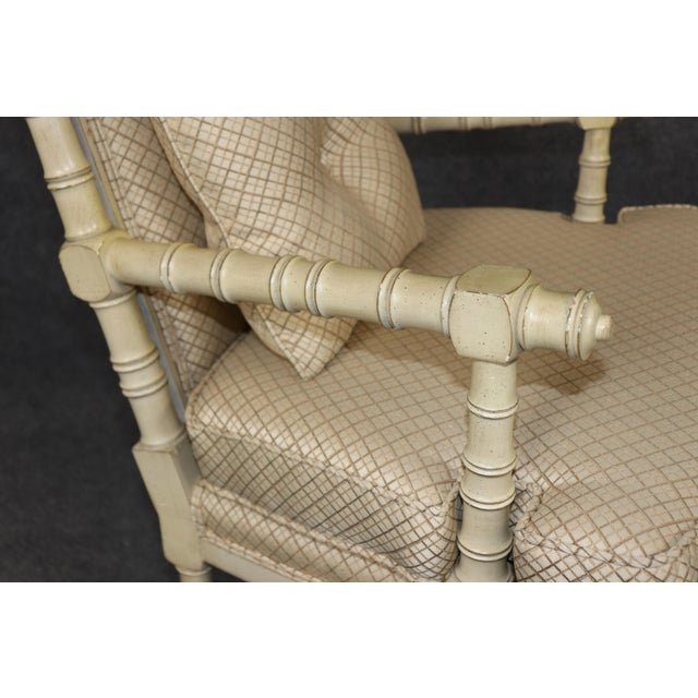 Cream Pair of Painted Faux Bamboo Hollywood Regency French Inspired Armchairs For Sale - Image 8 of 13