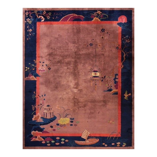 1920s Tan Taupe Floral Antique Chinese Art Deco Carpet 9' X 12' Knotted Wool Rug For Sale