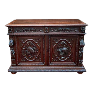 Antique French Server Sideboard Buffet Hunt Harvest Cabinet Black Forest Oak 19c