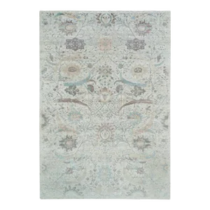 2010s Ivory, Sickle Leaf Design Soft Pile, Silk With Textured Wool Hand Knotted, Oversized Oriental Rug