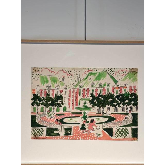 A vibrant and poetic watercolor entitled "Place des Vosges," by the artist Thérèse Hummel (1896-1967). In this balanced...
