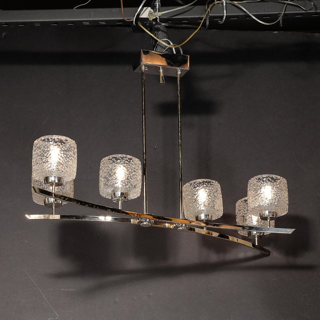 Mid-Century Bow Form Polished Brass & Nickel Pendant Chandelier W/ Mottled Glass For Sale - Image 11 of 12