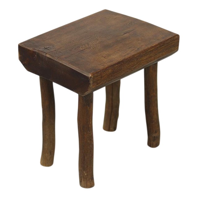 Primitive Wabi Sabi Oak Farmhouse Stool, 1940s For Sale
