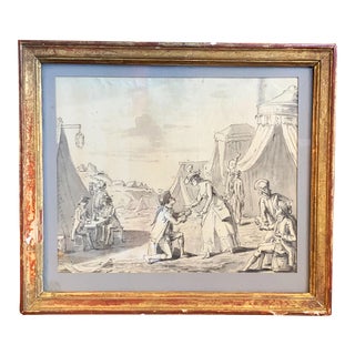 Late 18th Century French Framed Ink Wash Drawing of a Military Encampment For Sale