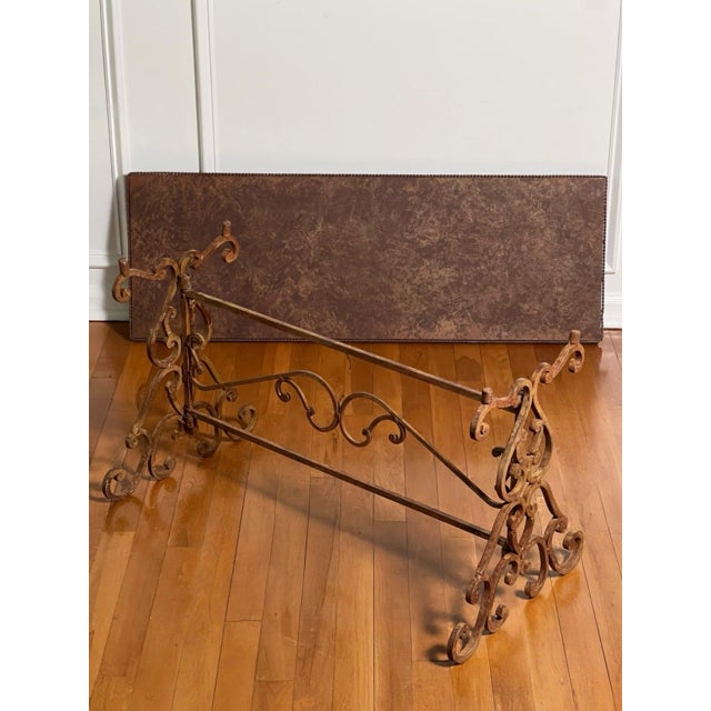 Regency Scroll Iron Bench, Coffee Table, Faux Leather Trompe-l'Oeil Top, 1960s For Sale - Image 10 of 13