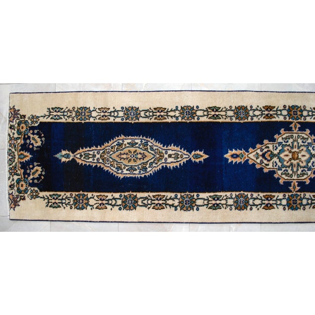 Textile Hand-Knotted Runner Rug Navy Blue Rustik Hallway Decor Oushak Rug 3x11 Ft Approx For Sale - Image 7 of 13