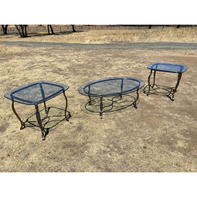 Vintage Hollywood Regency Style Oval Glass-Top Coffee Table and Side Table Set For Sale In Sacramento - Image 6 of 18