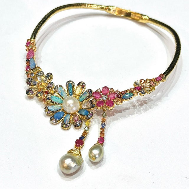Not Yet Made - Made To Order Bochic "Orient" Opal, Multi Sapphires & Rubies Necklace Set In 18K Gold & Silver For Sale - Image 5 of 7