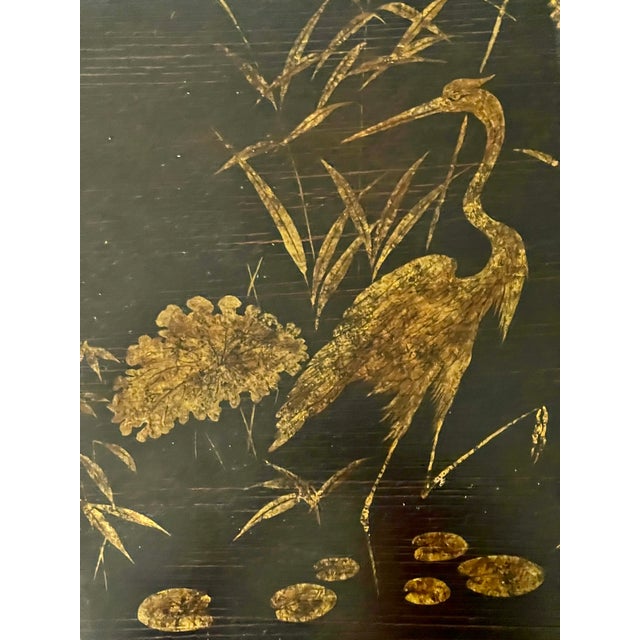 Just in, this wonderful Black Lacquer with Gold Design Ming Style Coffee Table. Gold floral design with a large egret....