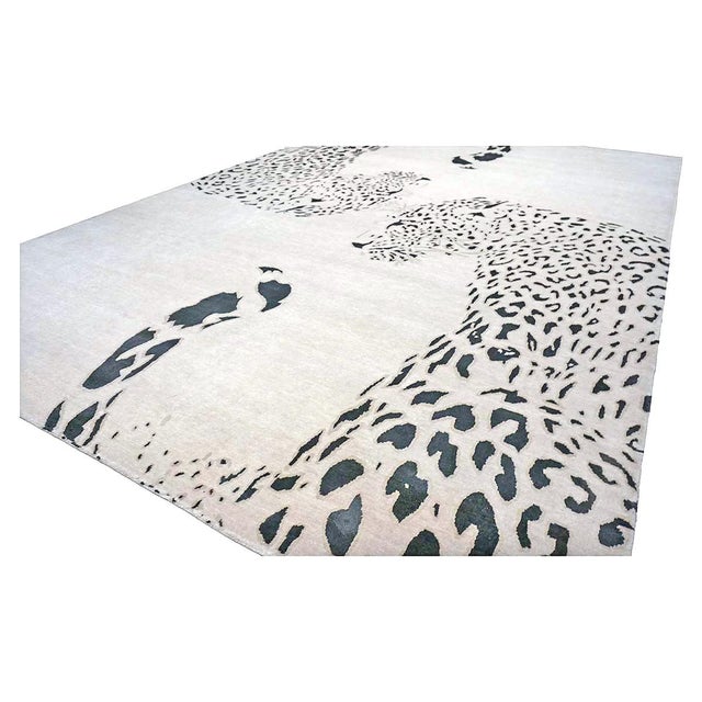 Indian Nepalese Wool & Silk 9x14 Ivory & Black Jaguar Handmade Area Rug #1144032 For Sale - Image 9 of 10