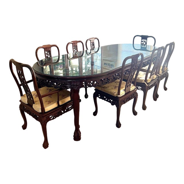 1980s Chinese Rosewood Carved Dining Set For Sale