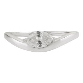 Marquise Cut Diamond Contemporary Soliatire Ring Wave Band Size 6.5 in 14k White Gold For Sale