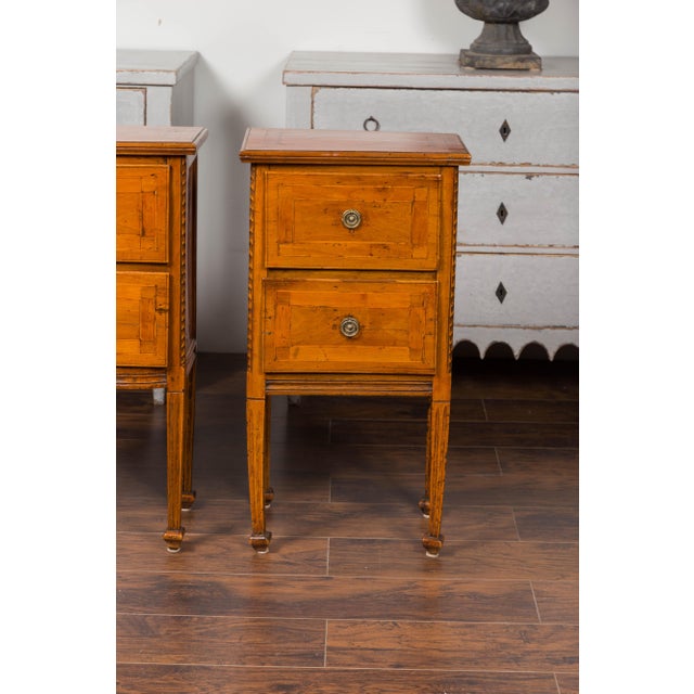 Brown Pair of 1820s Italian Neoclassical Carved Walnut Bedside Tables with Banding For Sale - Image 8 of 12