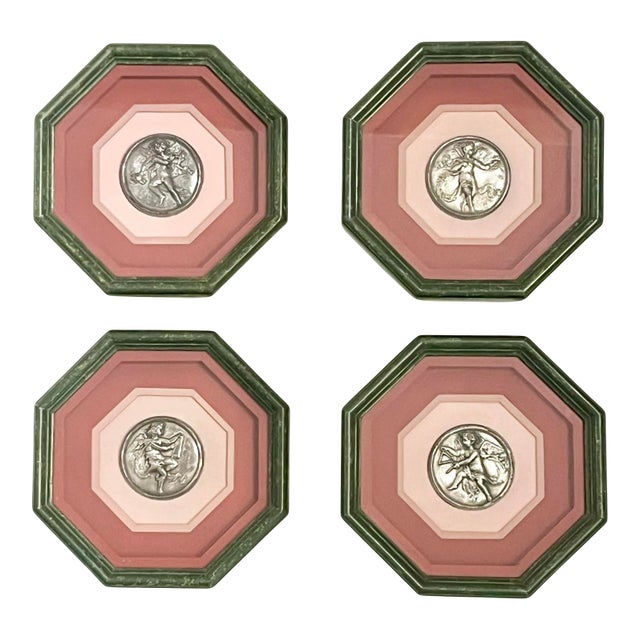 Set of 4 Vintage French Neoclassical Style Green and Pink Octagonal Framed Silver Cherub Medallions For Sale