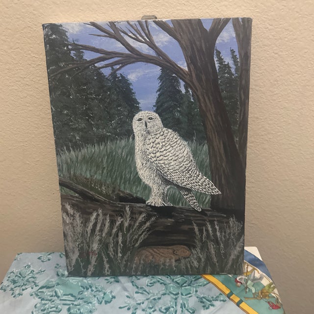 John James Audubon Mid-Century Modern Folk Art Style Snowy Owl Oil Painting – Original Woodland Biophilic Canvas For Sale - Image 4 of 12
