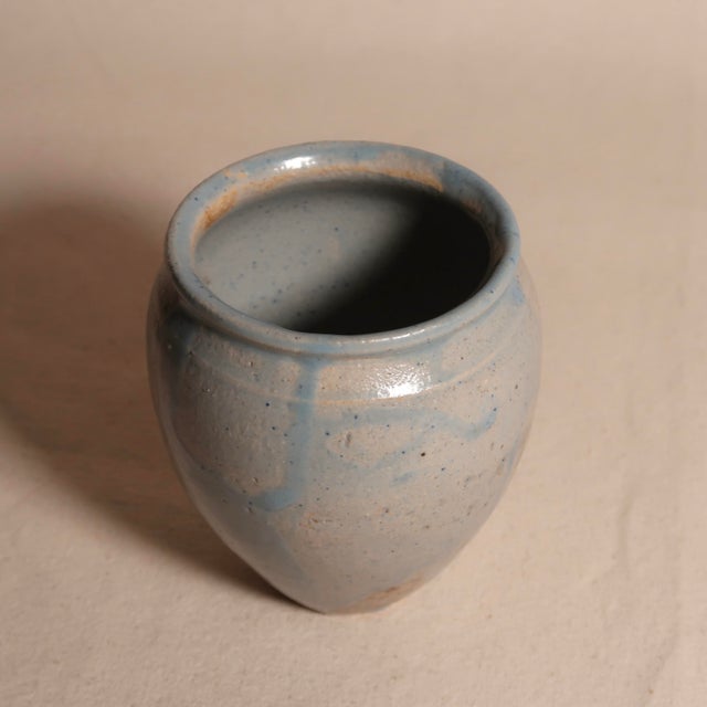 Baby Blue Vintage Signed Artisan Thrown Studio Pottery Vase With Blue Drip Glaze and Organic Minimalist Form For Sale - Image 8 of 9