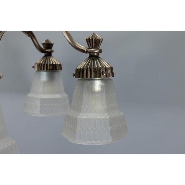 Art Deco French Bronze and Frosted White Glass Six-Light Chandelier, 1930s For Sale - Image 4 of 18