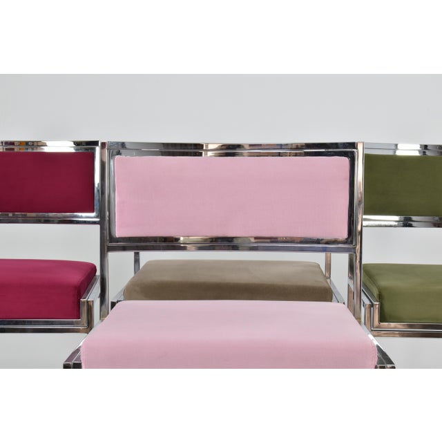 Set of 4 Chrome & Velvet "Sq-Al" Dining Chairs by Willy Rizzo, Italy, 1970s For Sale - Image 11 of 14