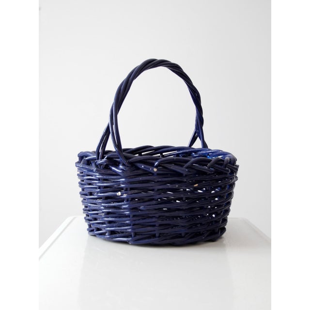 Large Vintage Blue Wicker Basket With Handle For Sale - Image 6 of 13