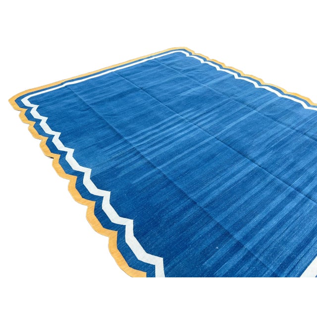 Textile Handmade Cotton Area Rug Natural Vegetable Dyed Blue Scalloped Rug Yellow Border - 12'x15' For Sale - Image 7 of 11