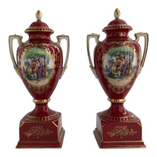Vintage Pair of Noritake Porcelain Urns Hand Painted Red With Gold For Sale
