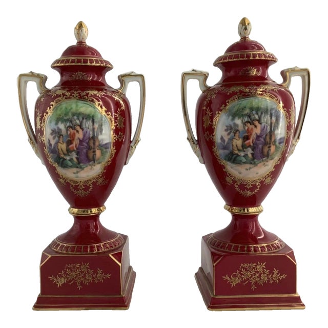 Vintage Pair of Noritake Porcelain Urns Hand Painted Red With Gold For Sale