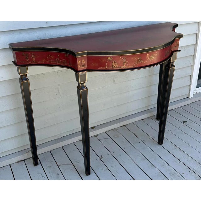 1990s Vintage Sarreid Red and Black Lacquered Chinoiserie Console Table For Sale - Image 5 of 9