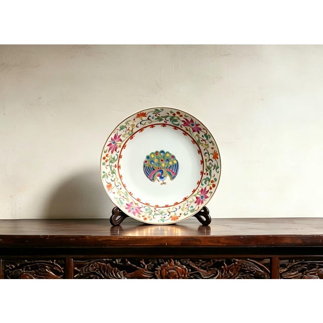 Art Deco Chinese Ceramic Plate,Qianlong Marked Famille Rose Porcelain Plate Hand Painted Peacock and Flowers Pattern For Sale - Image 3 of 11