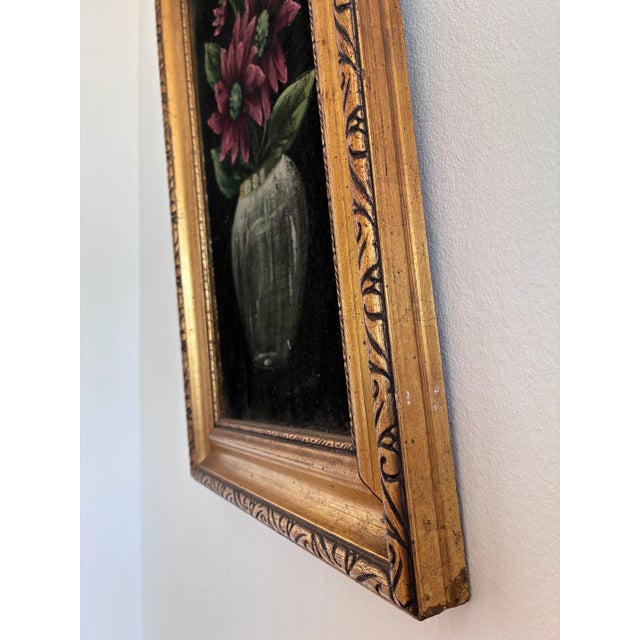 Boho Chic Vintage Original Velvet Flower Oil Painting, Red Flower Still Life Art For Sale - Image 3 of 12