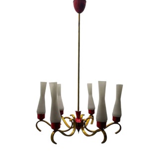 Vintage Red Brass Opaline Glass Chandelier, 1950s For Sale