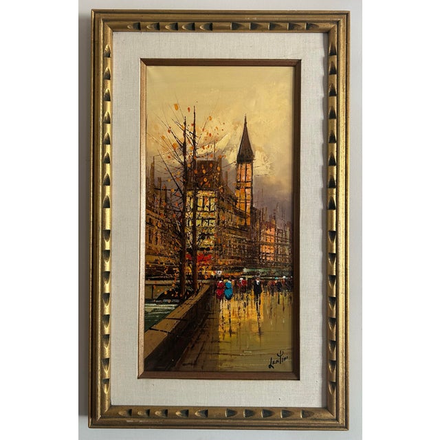 Beautiful vintage 1960’s street scene oil painting on canvas by listed artist Lentini. In original vintage wood frame with...