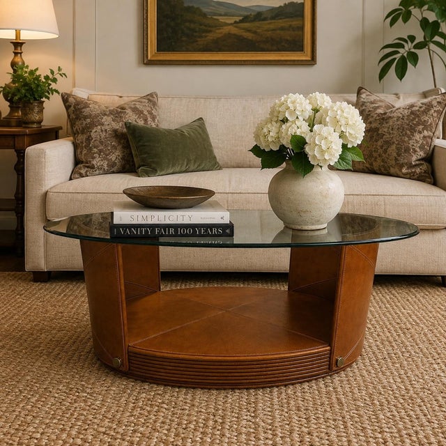 Postmodern Cognac Leather & Glass Oval Coffee Table With Sculptural Base For Sale - Image 6 of 11