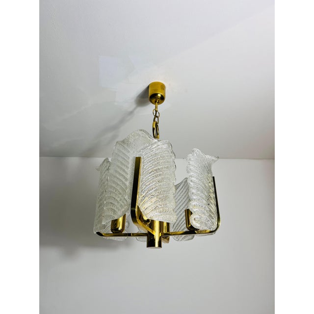 Carl Fagerlund Large Rare Midcentury 4-Arm Brass and Ice Glass Chandelier, 1960s For Sale - Image 4 of 11