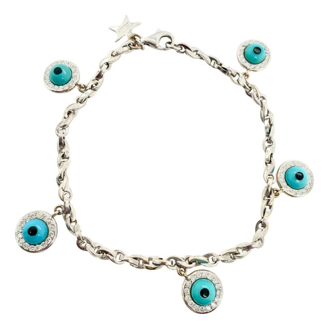 Vintage “Tabbah” 18k Gold Diamond and Turquoise Evil Eye Bracelet For Sale