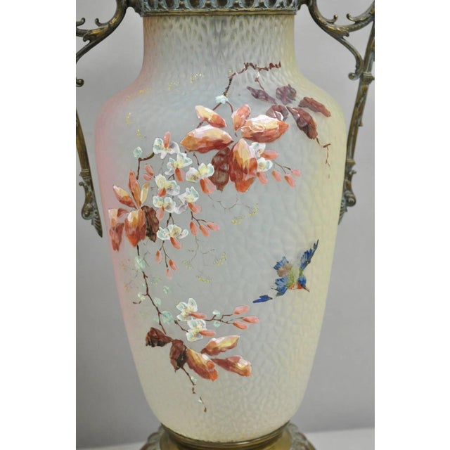Victorian Early 20th Century Antique English Victorian Rainbow Glass Hand Painted Birds Table Lamp - A Pair For Sale - Image 3 of 12