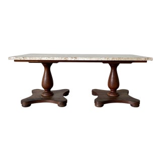 Vintage Double Pedestal Base Rectangular Coffee Table With Travertine Marble Top For Sale