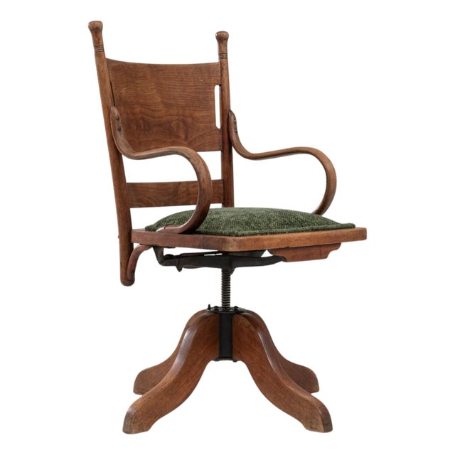 1930s French Wooden Swivel Armchair with Upholstered Seat For Sale