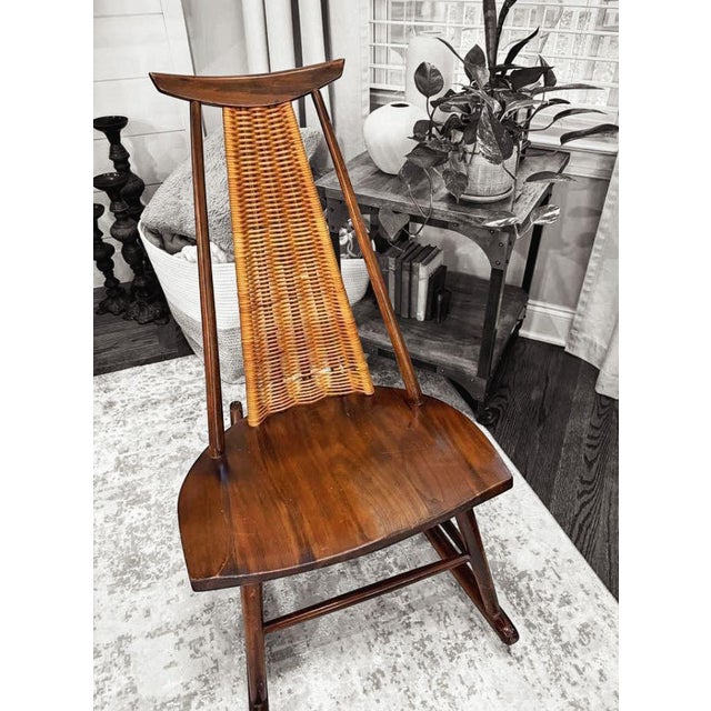 Mid-Century Modern Rocking Chair in Solid Walnut & Rattan by Arthur Umanoff for Washington Woodcraft, Usa, C. 1960's For Sale In Raleigh - Image 6 of 12
