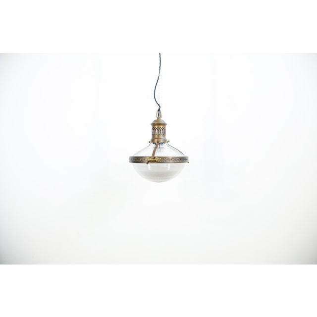 Metal Antique French Glass 2-Part Stiletto Pendant Light from Holophane, 1890s For Sale - Image 7 of 7