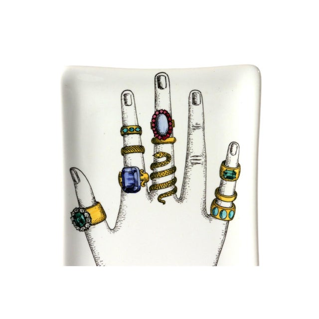 Surrealist Sophistication: Fornasetti "Jeweled Hand" Trinket Tray 20th Century This charming vintage rectangular ceramic...