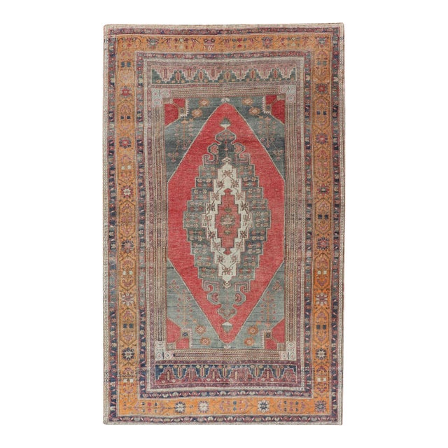 Mid 20th Century Vintage Turkish Oushak Rug Medallion Design in Red Gray and Orange For Sale