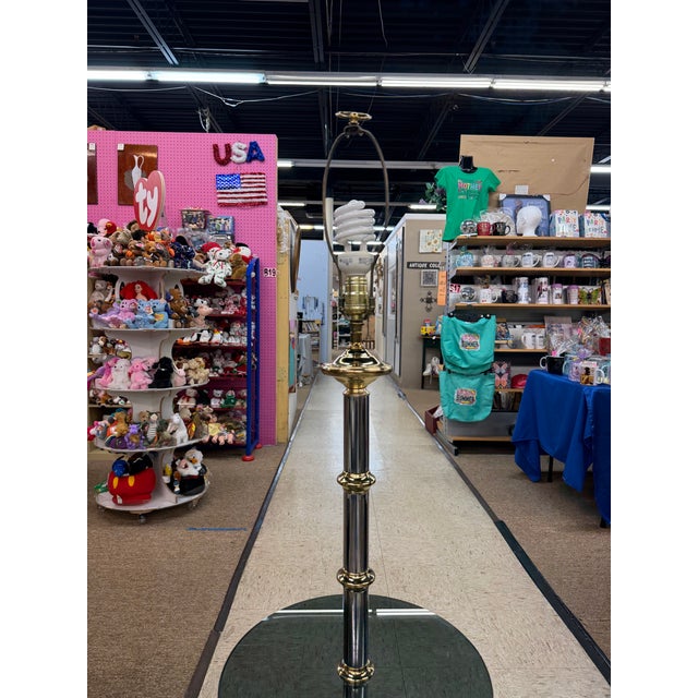Ornamental & Decorative Materials Vintage Mid Century Modern Chrome & Brass Floor Lamp Glass Table Hollywood Regency Faux Bamboo For Sale - Image 7 of 10