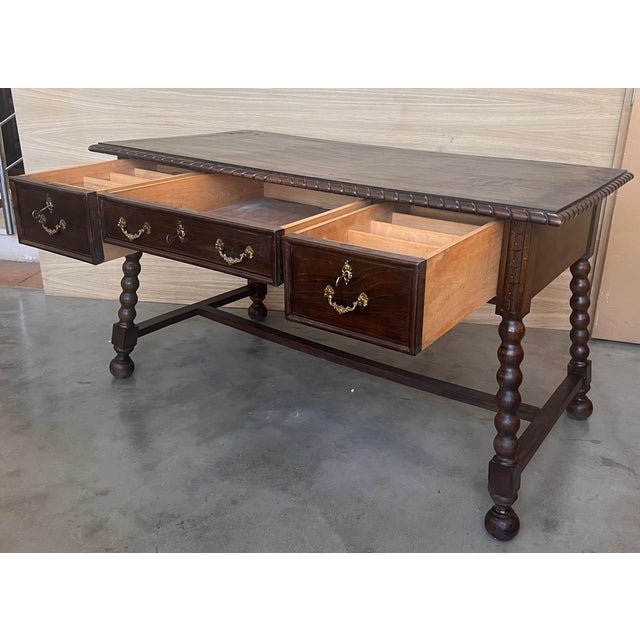 Wood 19th Century Spanish Baroque Style Oak Library Table or Desk For Sale - Image 7 of 11
