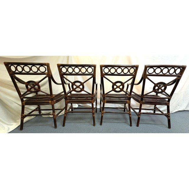 Vintage McGuire Inspired Target Back Style Bamboo and Rawhide Wrapped Arm Chairs With Cushions- Set of 4 For Sale - Image 9 of 18