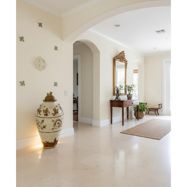 Magnificent Glazed Hand-Painted Pottery Funerary Urn With Foo Dog Finial For Sale In West Palm - Image 6 of 7