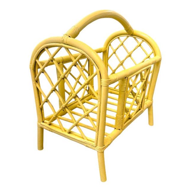 Vintage Rattan Magazine Rack/Lacquered Yellow Finish For Sale - Image 4 of 6