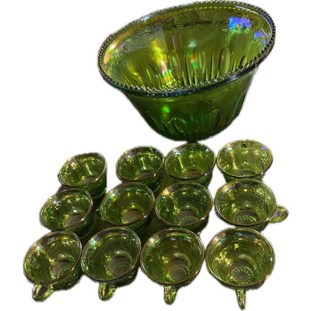1970s Vintage Green Carnival Glass Punch Bowl Set With 12 Cups For Sale - Image 4 of 4