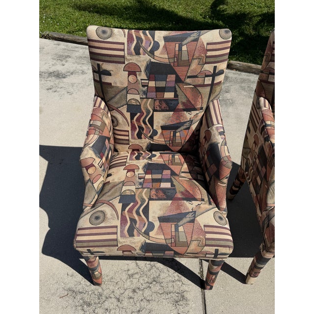 Tan Vintage Postmodern Parsons Armchairs With Memphis-Style Geometric Upholstery, Pair For Sale - Image 8 of 12